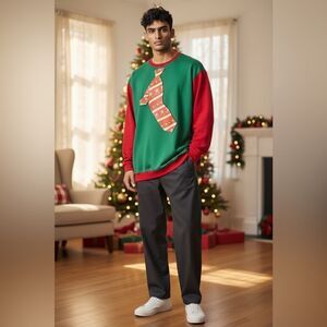 NWT Holiday Men's Tall Christmas Tie Graphic Green & Red Sweatshirt- Size 2XT